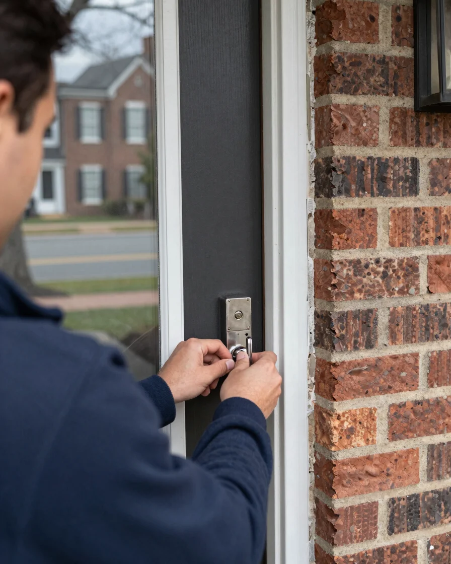 Locksmith's hands carefully working a residential deadbolt on a b